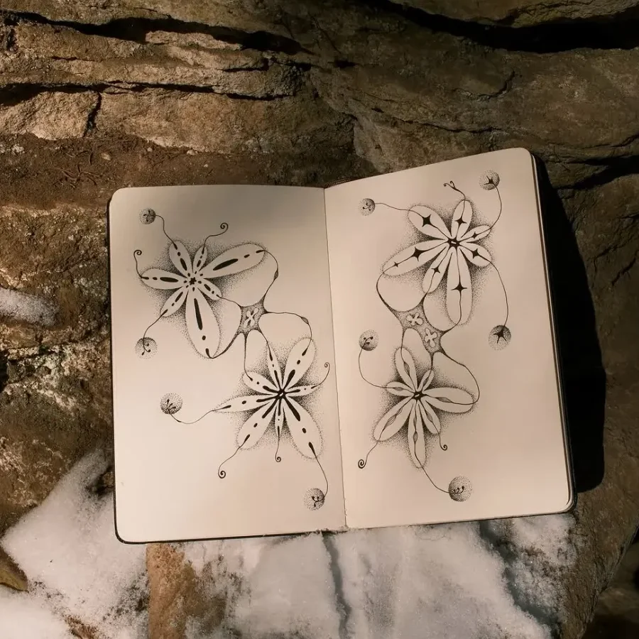 Sketchbook resting on rock and snow in Banff